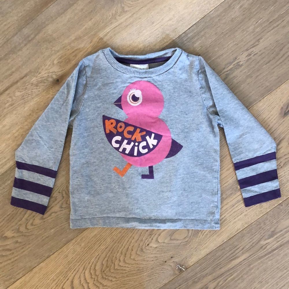 Mini Boden Long Sleeve Gray Graphic “Rock Chick” Tee, Girls 2/3